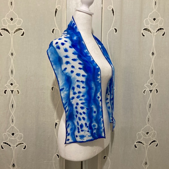 Hand Colored in California, 100% Silk Scarf, Vibrant Blues and White - Picture 5 of 9
